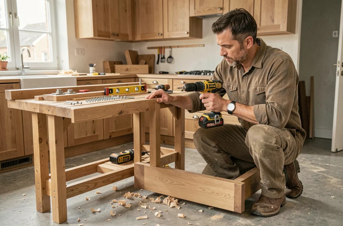 Menuisier ajustant un meuble en chêne sur mesure dans une cuisine en rénovation pour Sébastien Lacroix Artisan Menuisier