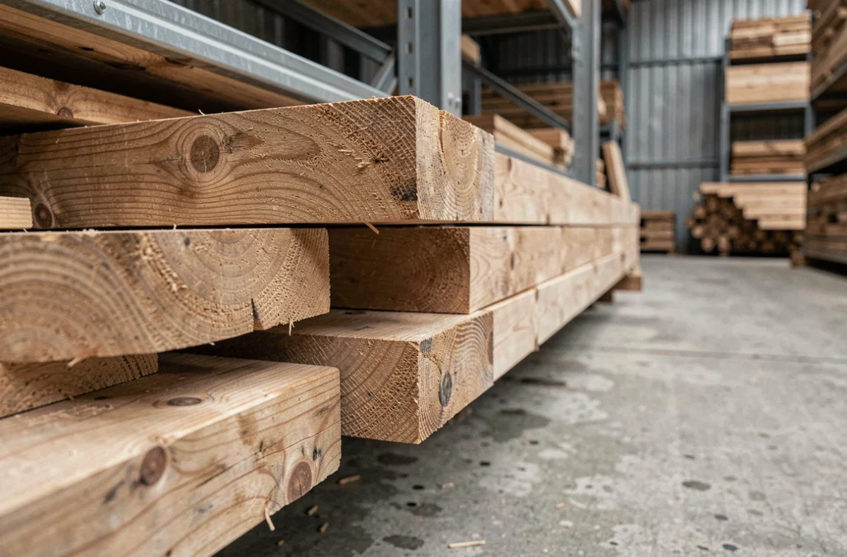 Comparaison de sections de solives en bois massif empilées dans un entrepôt de matériaux de construction