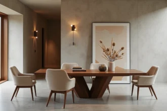 Showroom de mobilier haut de gamme avec table en noyer massif et chaises en bouclé ivoire dans un espace au plâtre brut