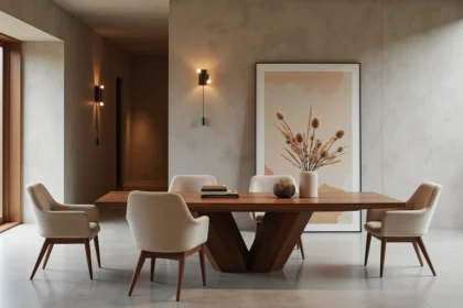 Showroom de mobilier haut de gamme avec table en noyer massif et chaises en bouclé ivoire dans un espace au plâtre brut
