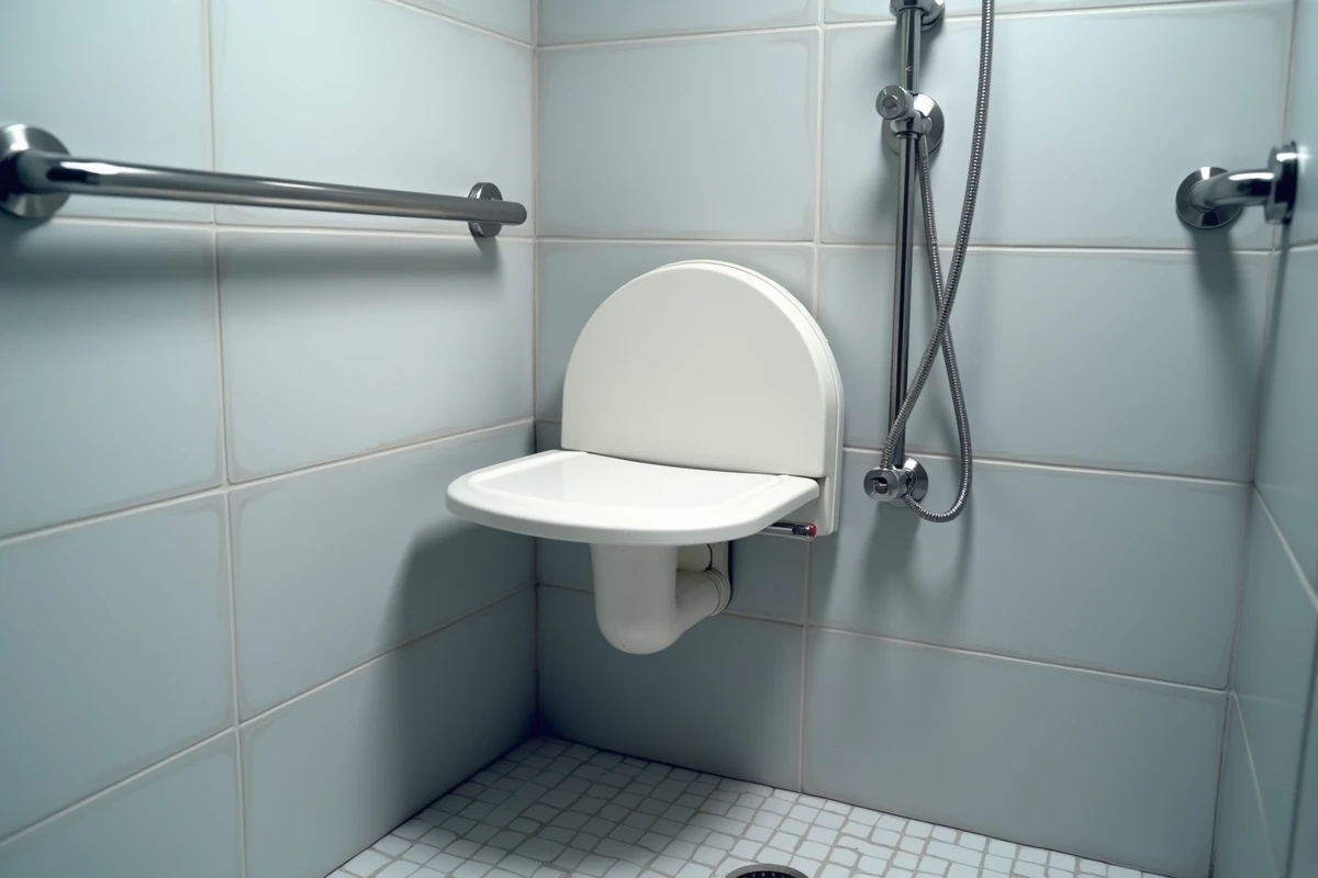 Siège de douche rabattable et barre d'appui dans une salle de bain PMR conforme aux normes d'accessibilité