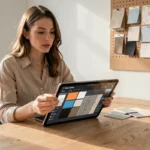 Femme utilisant un simulateur de décoration intérieure sur tablette pour tester des couleurs et matières dans un bureau moderne