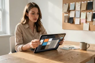 Femme utilisant un simulateur de décoration intérieure sur tablette pour tester des couleurs et matières dans un bureau moderne