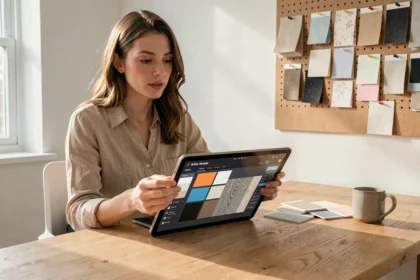 Femme utilisant un simulateur de décoration intérieure sur tablette pour tester des couleurs et matières dans un bureau moderne