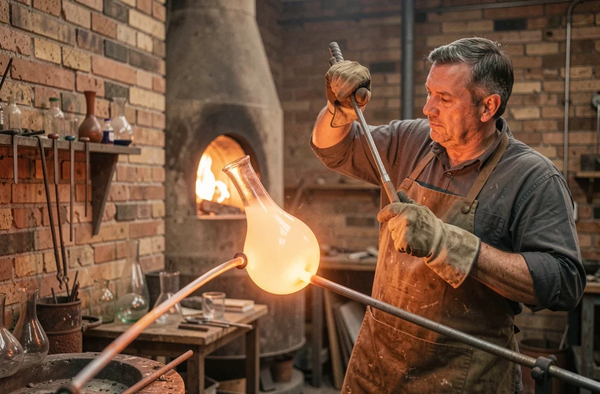 Artisan souffleur de verre en atelier façonnant à la main une carafe en verre soufflé pour whisky
