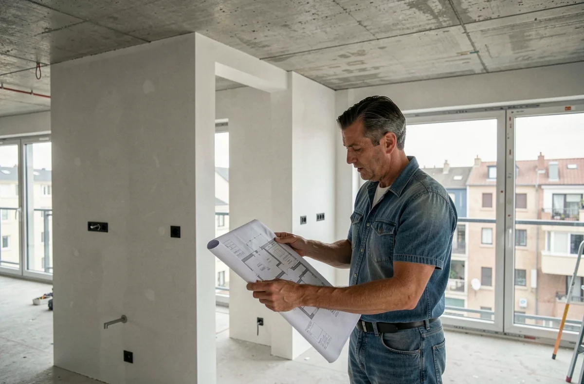 Spécialiste en rénovation consultant des plans d'aménagement dans un appartement moderne en travaux pour Strong Concept à Clermont-Ferrand