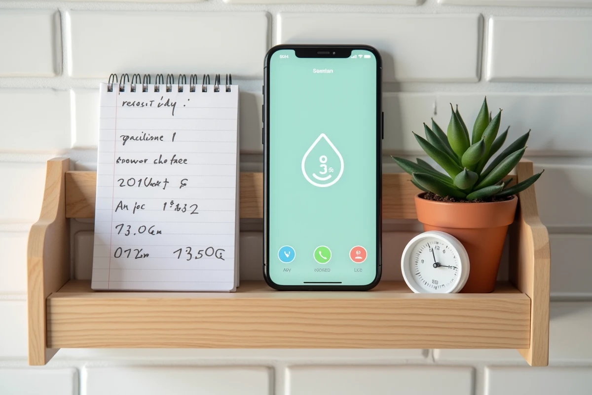 Vue de dessus d'un bureau de salle de bain avec smartphone affichant une application de suivi de consommation d'eau de douche, carnet de notes et minuteur