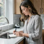 Femme notant sa consommation d'eau quotidienne dans un carnet près d'un compteur d'eau dans une cuisine moderne