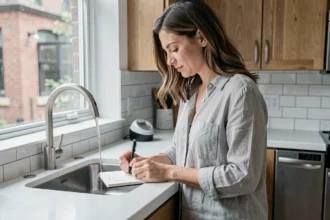 Femme notant sa consommation d'eau quotidienne dans un carnet près d'un compteur d'eau dans une cuisine moderne