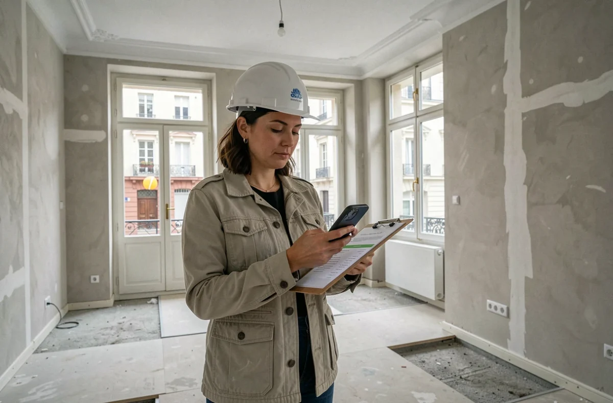 Maître d'ouvrage féminine supervisant un appartement en cours de rénovation à Lille, consultant un outil de gestion de chantier sur smartphone dans un intérieur Haussmannien
