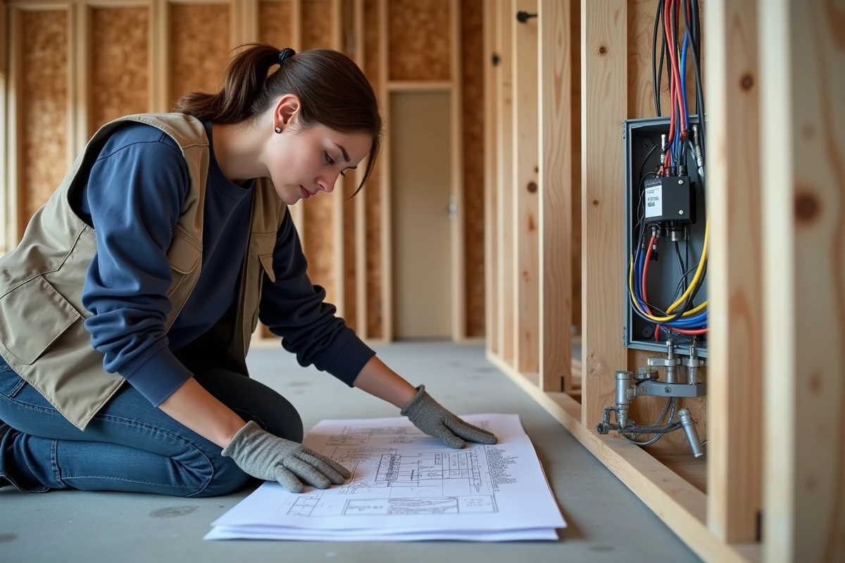 Jeune technicien vérifiant un plan électrique sur un chantier