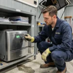 Technicien en train de diagnostiquer un code erreur Truma sur un chauffage de camping-car dans un atelier de réparation