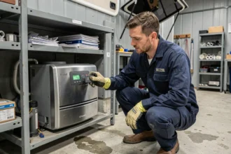Technicien en train de diagnostiquer un code erreur Truma sur un chauffage de camping-car dans un atelier de réparation