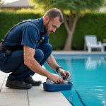 Technicien piscine en tenue testant l'eau du bassin privé