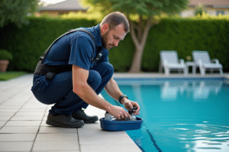 Technicien piscine en tenue testant l'eau du bassin privé