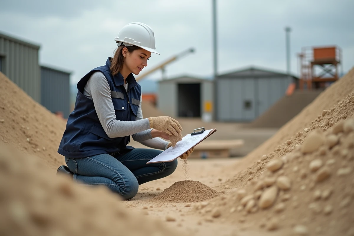 Technicienne de chantier analysant la texture du sable en vrac dans un dépôt de matériaux avec fiche de spécifications
