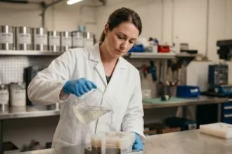 Technicienne versant du silicone de moulage liquide dans un moule en atelier industriel