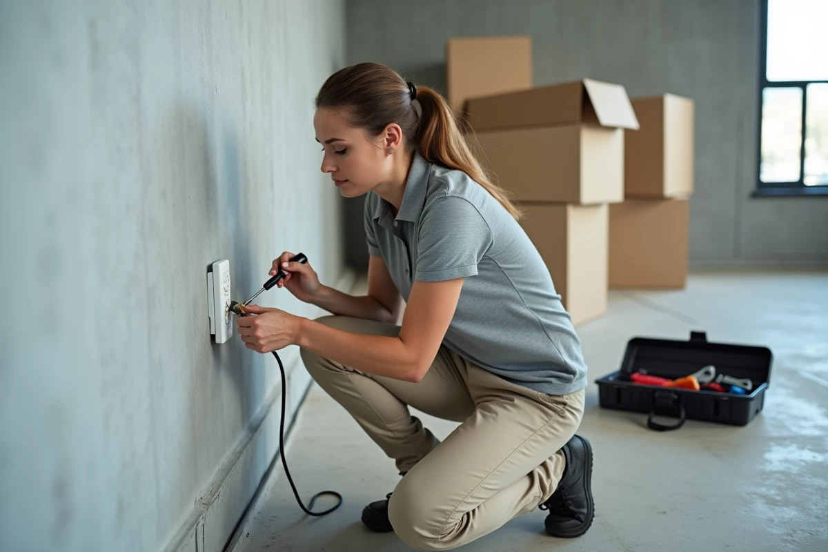 Femme technicienne vérifiant une erreur de pose sur une prise de goulotte électrique en bureau