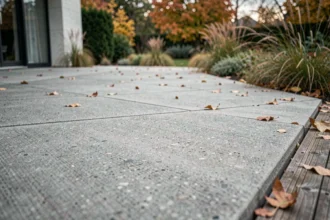 Terrasse extérieure en béton brut brossé avec joints de dilatation visibles et bordure en bois dans un jardin résidentiel en automne