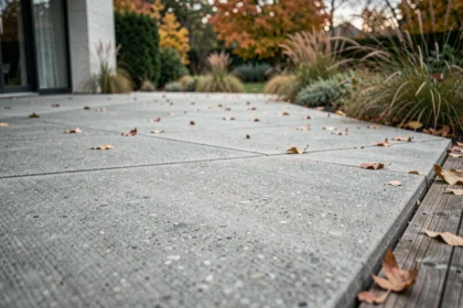 Terrasse extérieure en béton brut brossé avec joints de dilatation visibles et bordure en bois dans un jardin résidentiel en automne
