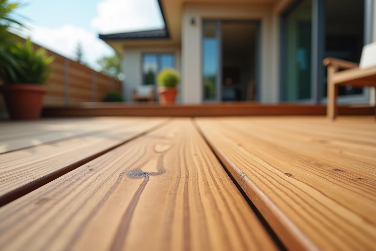 Terrasse bois moderne avec structure de lambourdes apparente sur le côté, vue en contre-plongée au ras du sol devant une maison contemporaine