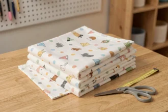 Piles de tissus coton enduits pour enfants avec motifs animaux et géométriques colorés sur une table en bois clair dans un atelier de couture
