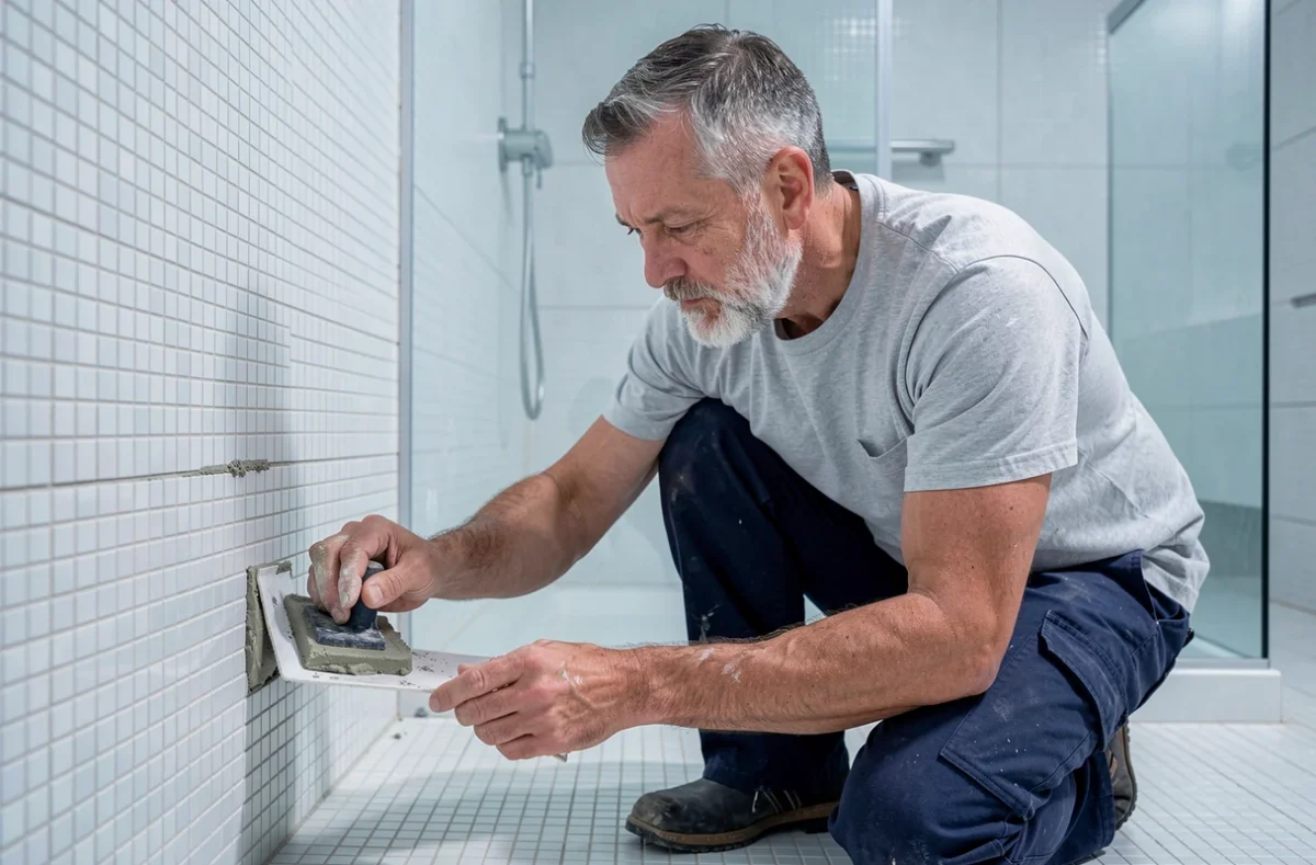 Artisan TNC réalisant le jointoiement de carreaux mosaïque dans une salle de bain moderne avec paroi en verre