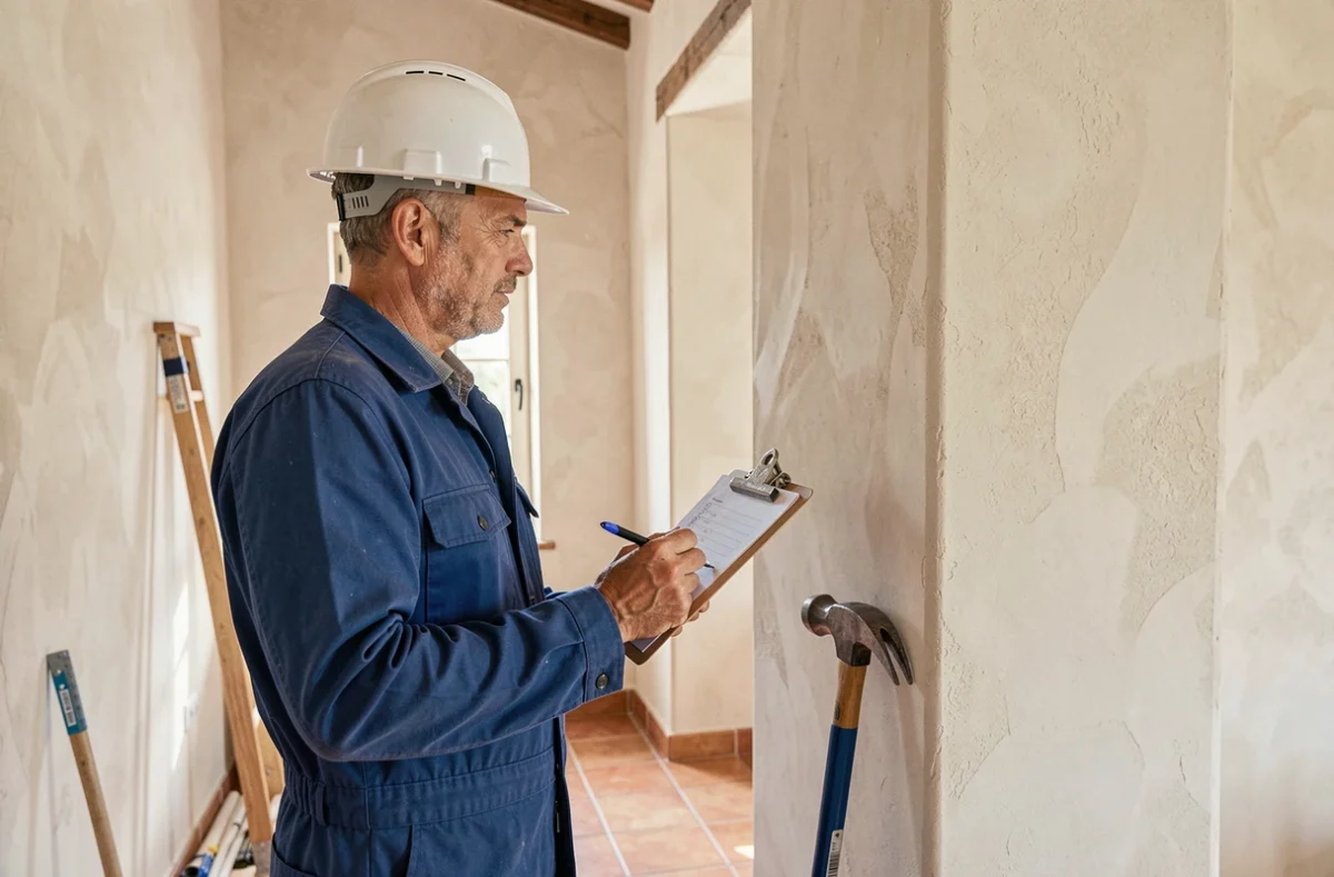 Artisan de Tous Travaux Rénovation inspectant des murs rénovés dans une maison méditerranéenne