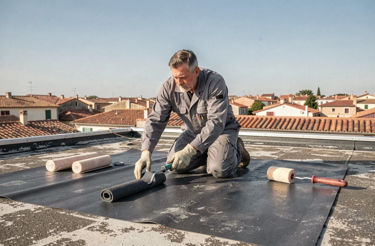 Spécialiste en étanchéité de TOUTETANCH appliquant une membrane imperméabilisante sur un toit plat