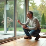 Homme examine fenêtres double vitrage dans veranda moderne