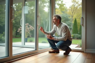 Homme examine fenêtres double vitrage dans veranda moderne