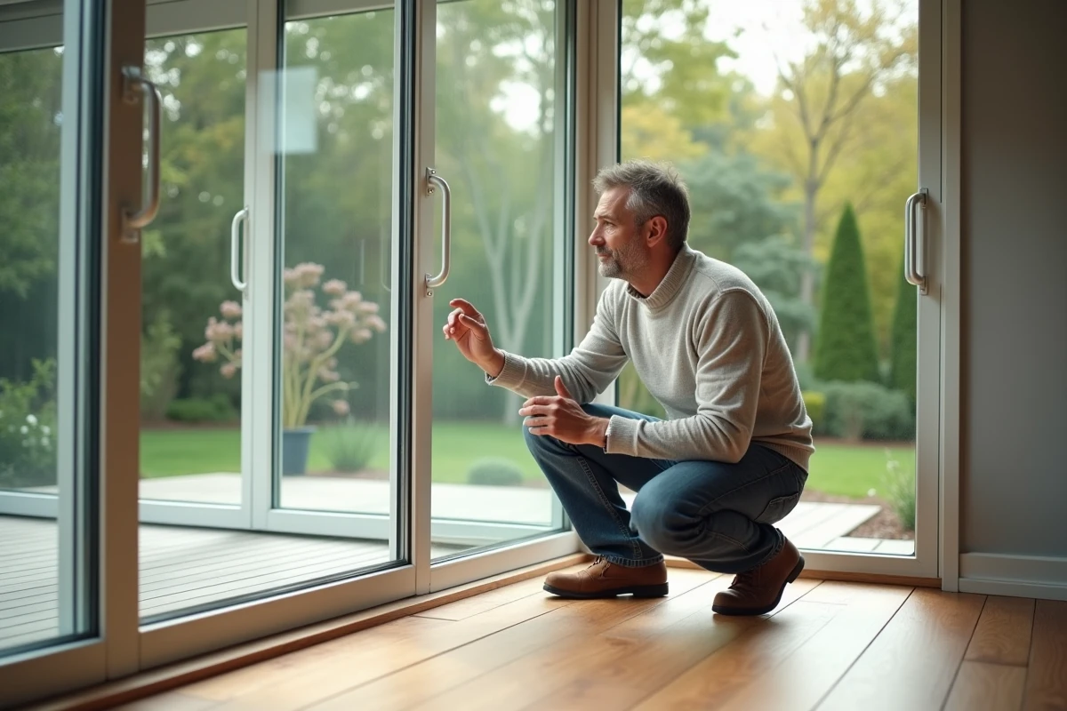 Homme examine fenêtres double vitrage dans veranda moderne