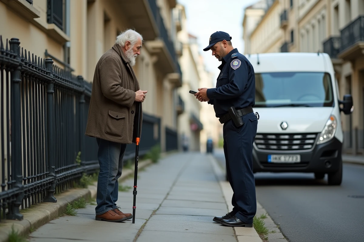 Agent de stationnement verbalisant une voiture garée sur le trottoir gênant un piéton handicapé