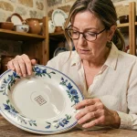 Experte en faïence de Moustiers examinant le poinçon d'authenticité sous une assiette ancienne dans une boutique d'antiquités provençale