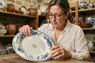 Experte en faïence de Moustiers examinant le poinçon d'authenticité sous une assiette ancienne dans une boutique d'antiquités provençale