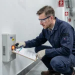 Électricien vérifiant un BAES en appuyant sur le bouton de test dans un couloir de bâtiment commercial avant réception de travaux