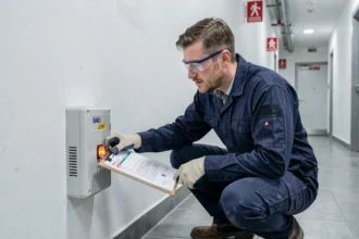 Électricien vérifiant un BAES en appuyant sur le bouton de test dans un couloir de bâtiment commercial avant réception de travaux