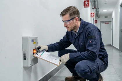 Électricien vérifiant un BAES en appuyant sur le bouton de test dans un couloir de bâtiment commercial avant réception de travaux
