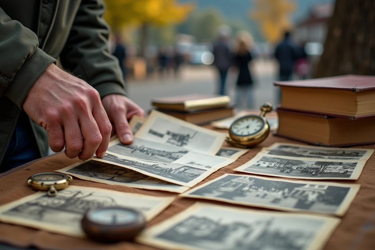 Mains d'un homme feuilletant de vieilles cartes postales sur un étal de brocante lors d'un vide grenier à Annecy