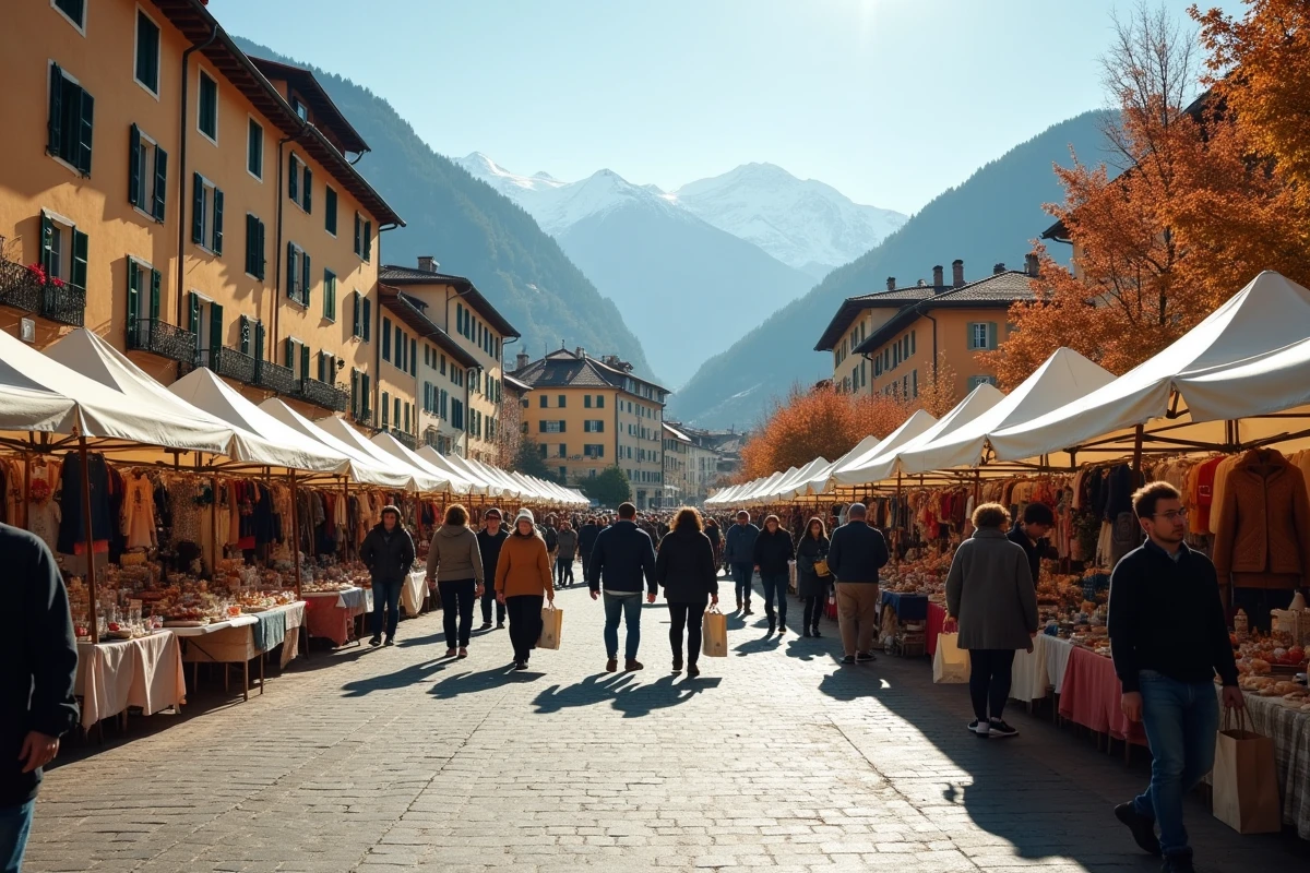 Vue panoramique d'un vide grenier animé à Annecy avec les Alpes en arrière-plan et des étals de brocante colorés