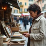 Femme examinant de la vaisselle ancienne sur un étal de vide grenier dans la vieille ville d'Annecy au bord du canal