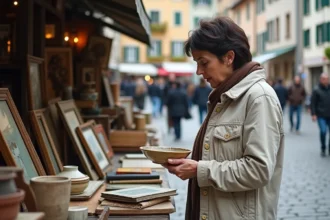 Femme examinant de la vaisselle ancienne sur un étal de vide grenier dans la vieille ville d'Annecy au bord du canal