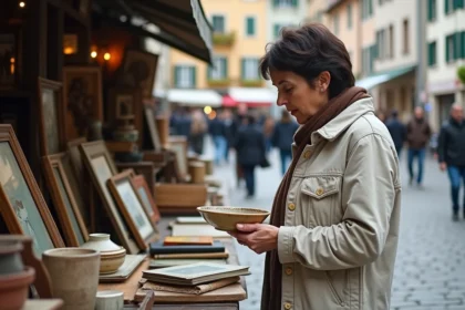 Femme examinant de la vaisselle ancienne sur un étal de vide grenier dans la vieille ville d'Annecy au bord du canal