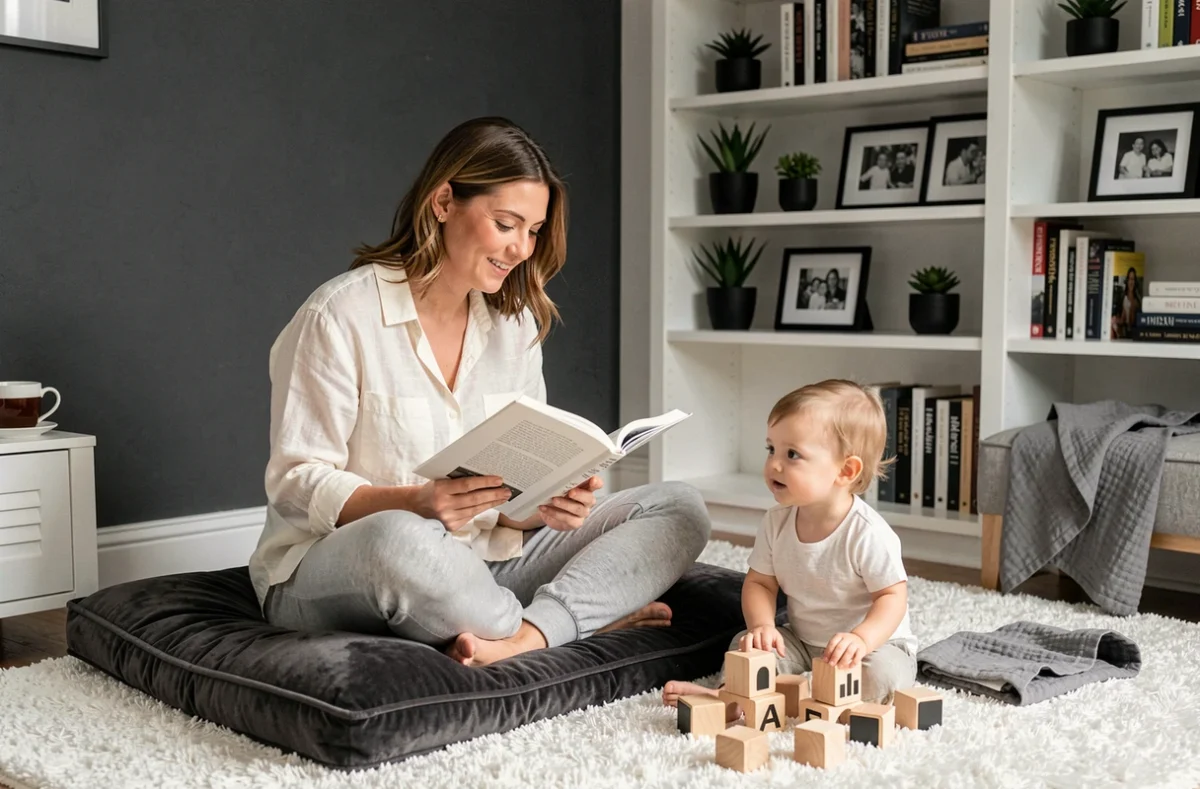 Maman et enfant dans un salon familial noir gris blanc avec mur ardoise et étagères blanches remplies de livres