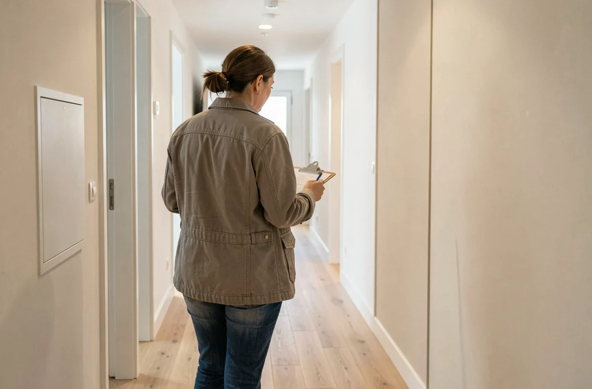 Chargée de projet inspectant la qualité d'un appartement rénové pour Ylang Rénovation à Clermont-Ferrand
